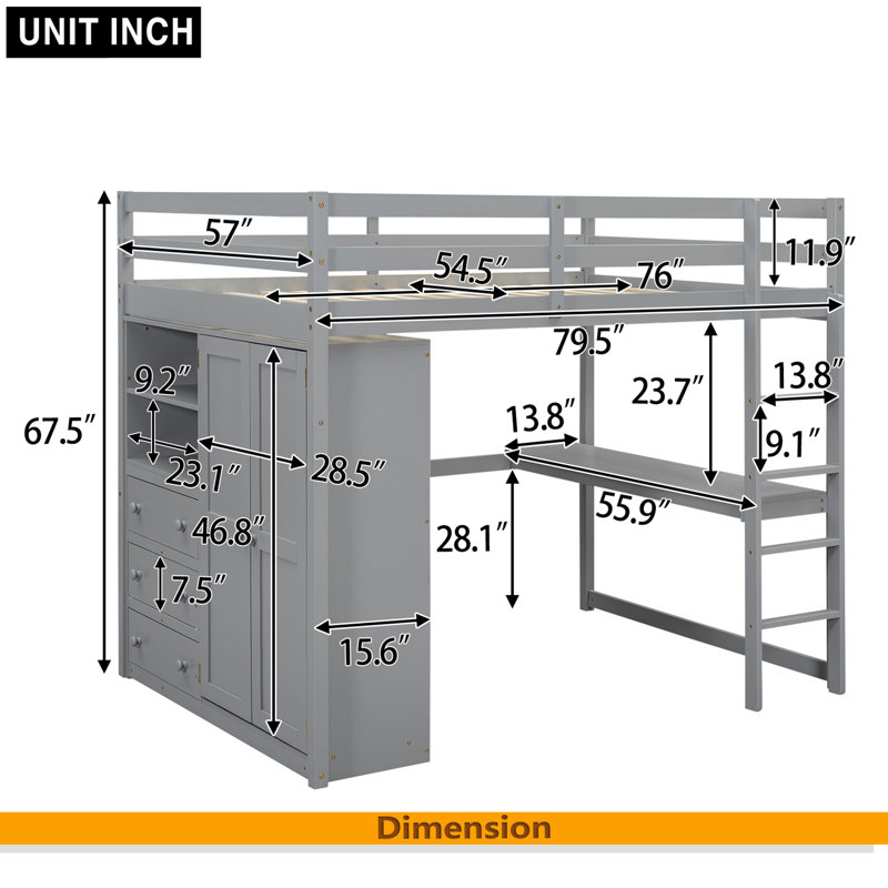 Wood Full Size Loft Bed With Built-In Wardrobe, Desk, Storage Shelves And Drawers, Gray