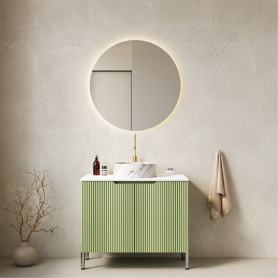 Meuble-lavabo de salle de bain 30 po avec lavabo, meuble de rangement autoportant avec 2 portes, lavabo rond en céramique blanche avec motif de pierre et comptoir blanc de Carrare, sans robinet, couleur vert clair