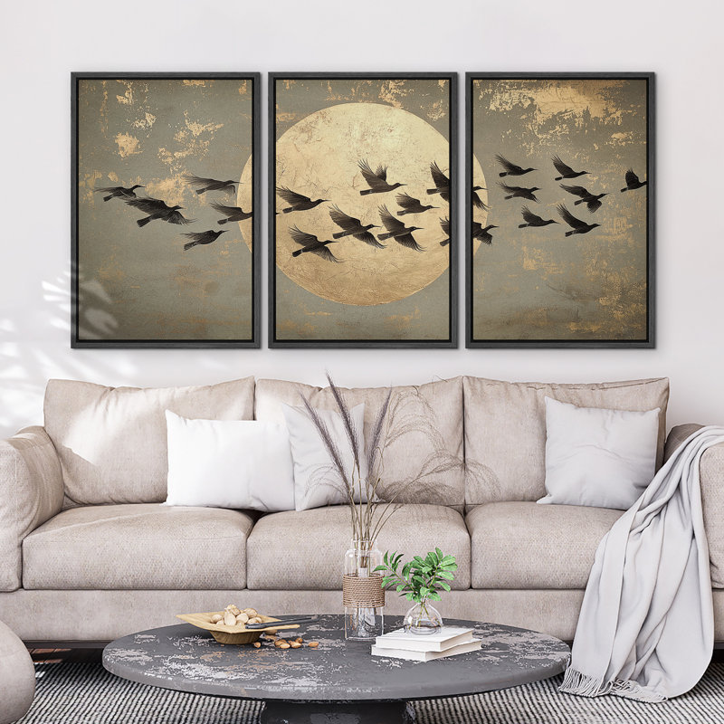 Oie sauvage volant devant le soleil, ensemble de 3 reproductions d'art sur toile encadrées, Noir, noir, noir, noir