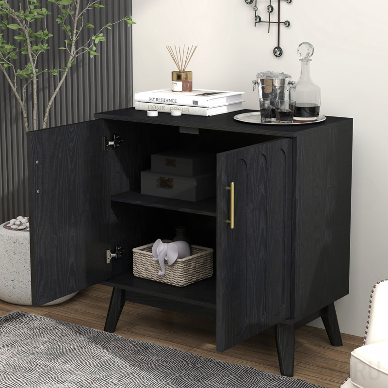 Mid-Century Fluted Sideboard, Solid Legs, Adjustable Shelves - Walnut, Black