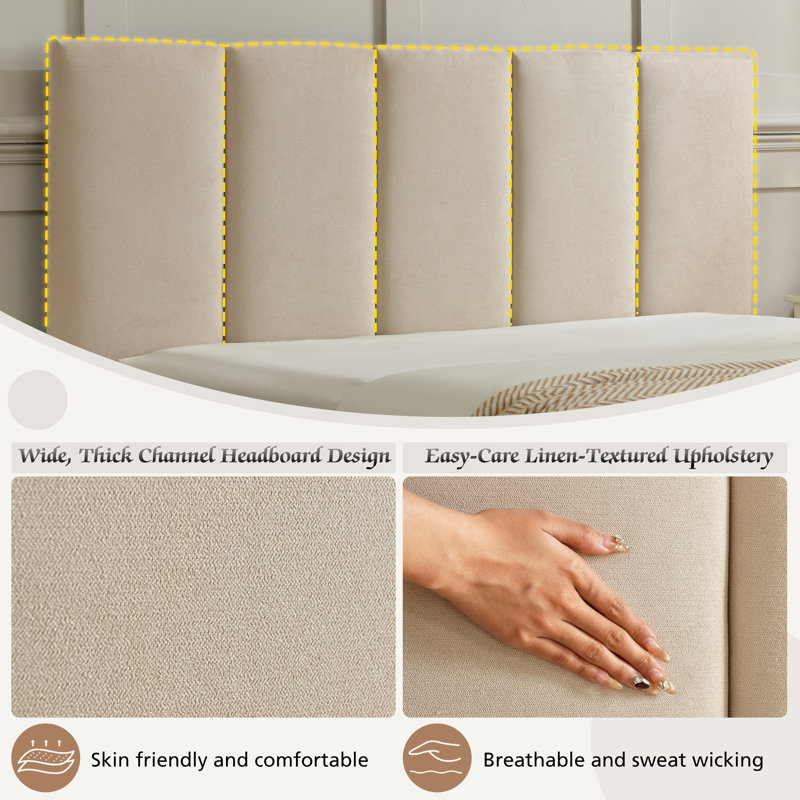Juanetta 44“ Tall Headboard Linen Upholstered Platform Bed,Beige,Queen, Beige, Queen