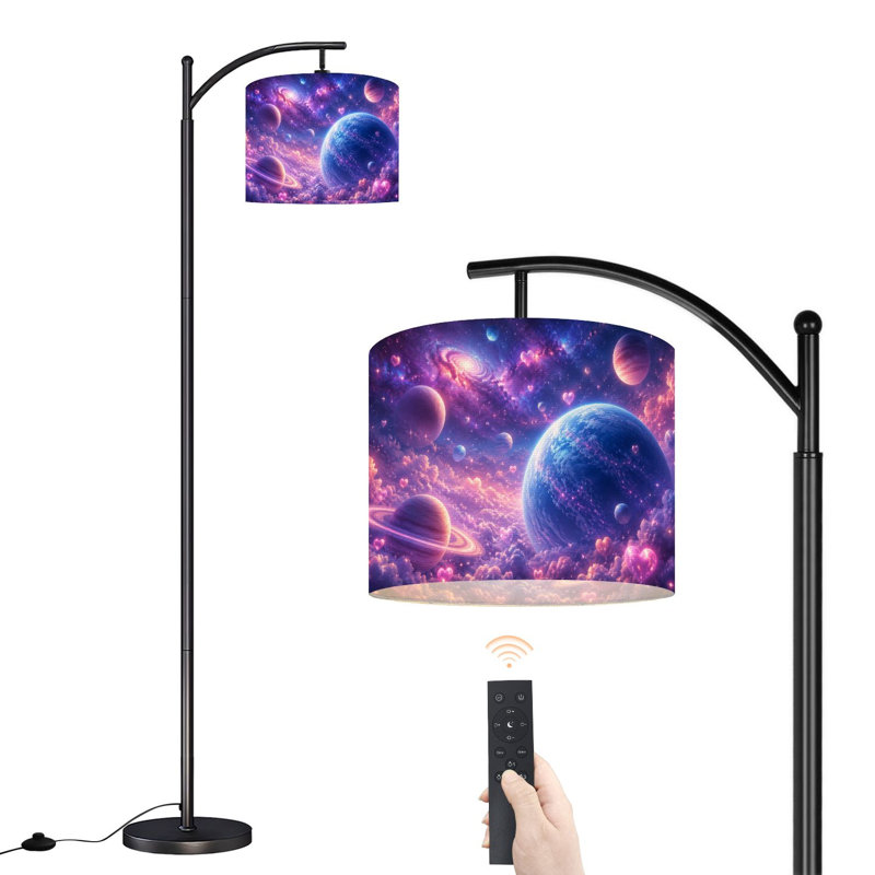  Lampe sur pied à arc Arc scène surréaliste, planètes vibrantes, galaxies, cœurs flottants, grande lampe sur pied moderne, abat-jour réglable en lin, 3 températures de couleur