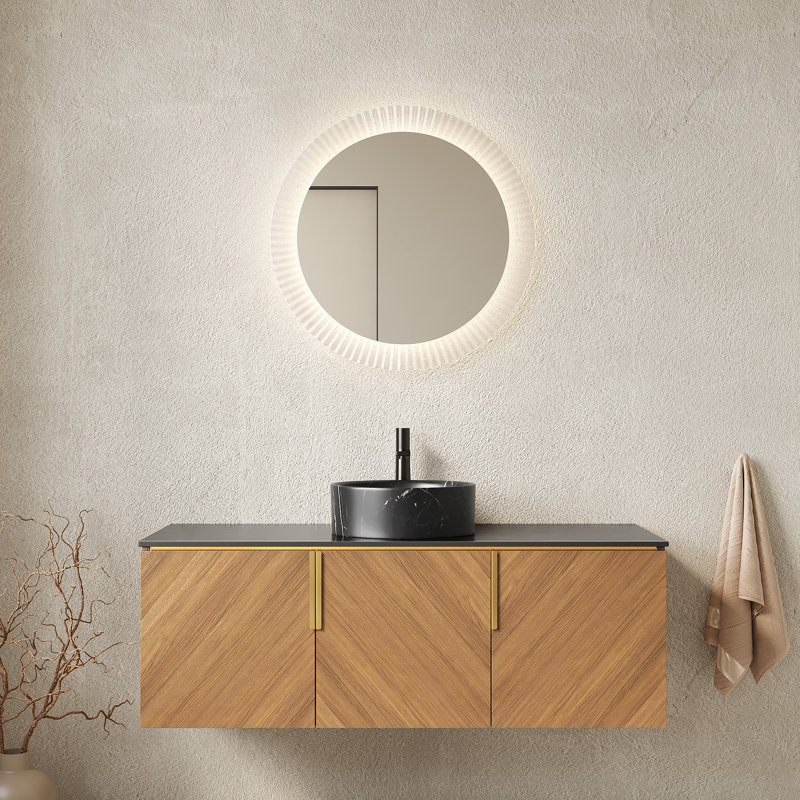 Meuble-lavabo 48 po, comptoir en pierre frittée noire, armoire à grain en chêne brun, fermeture en douceur, assemblage facile avec cuve en céramique ronde, motif, grand rangement, fermeture