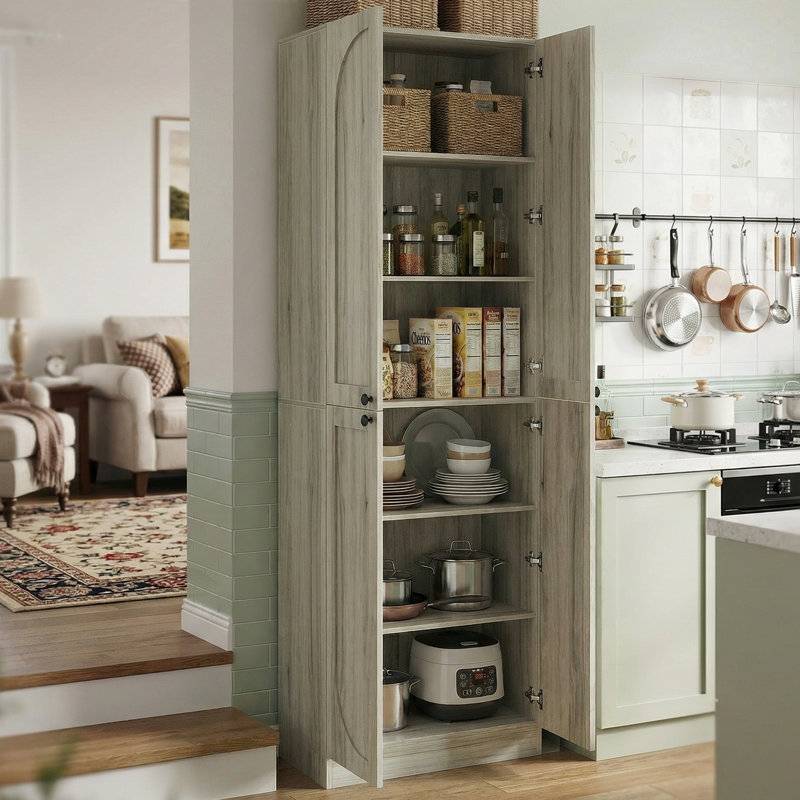 ‌23.6" Extra Tall Arch Storage Cabinet - 4 Door Wooden Pantry, Adjustable Shelves, Freestanding For Dining/Living Room, Gray
