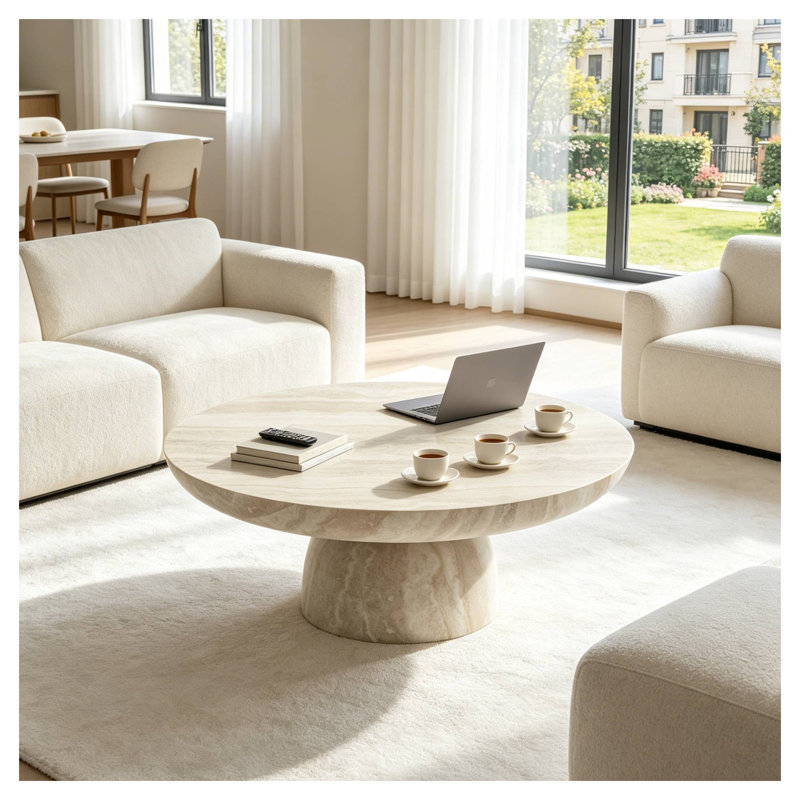 Table basse en fibre de verre en forme de champignon avec piédestal sculptural, beige et blanc
