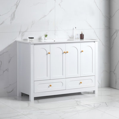 Meuble-lavabo blanc 48 po avec lavabo en céramique - Armoire de rangement abondante avec 4 portes à fermeture douce et 2 tiroirs en bois massif et lavabo élégant pour le nettoyage facile