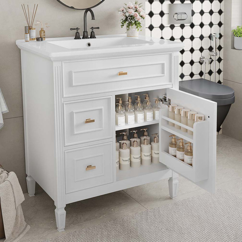 Meuble-lavabo 30 po avec lavabo, meuble-lavabo avec un tiroir rabattable et deux tiroirs, tablette réglable, Blanc