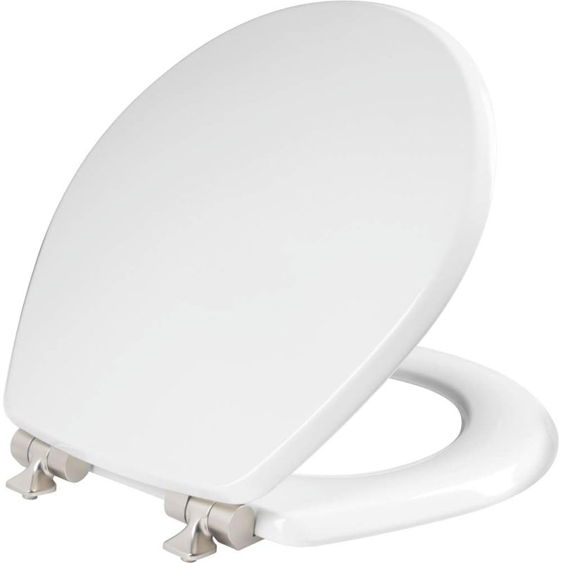 Bennett Round Toilet Seat, Slow Close Wood Seat, Secure Metal Hinges, Easy Install, Brushed Nickel