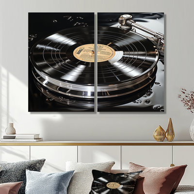 Vinyl Record Reflection - Black Art Prints On Canvas 2-Panels