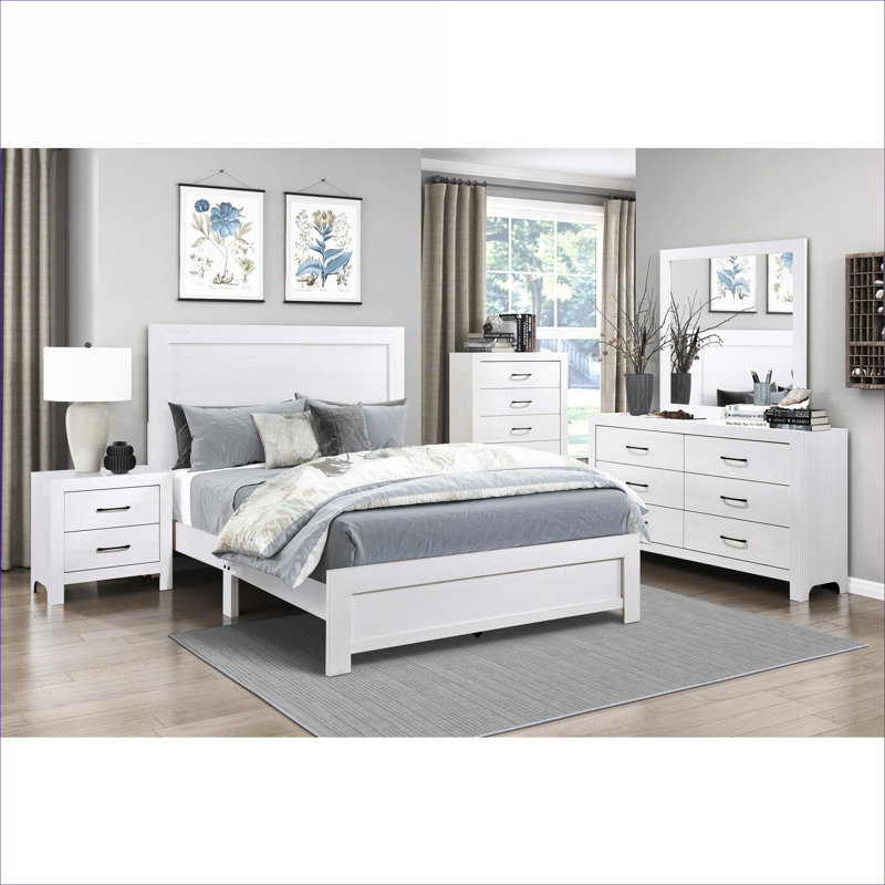 For master and guest bedroom use, soft white wood queen size panel bed frame modern rustic bed in a box, White, Queen