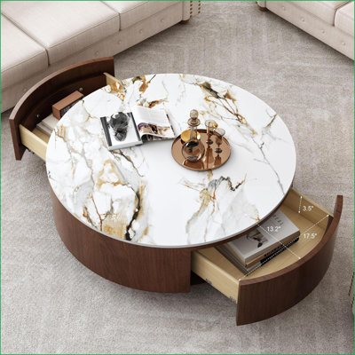 Table basse ronde en noyer avec plateau en pierre frittée, facile à nettoyer et amp; Rangement pour le salon