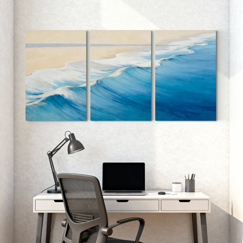 Ensemble de 3 tableaux muraux sur toile représentant un paysage marin et des vagues de l'océan, H 36 po x l 72 po