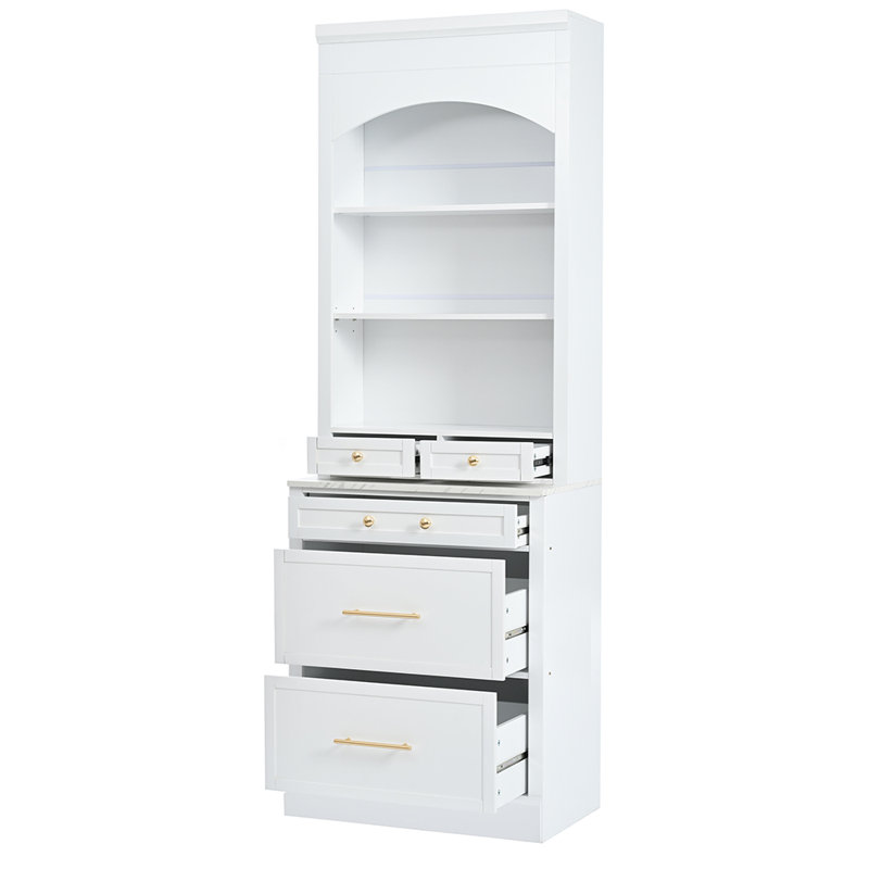 Freestanding Tall Kitchen Hutch with 5 Storage Drawers and Adjustable Shelf Set of 2, White