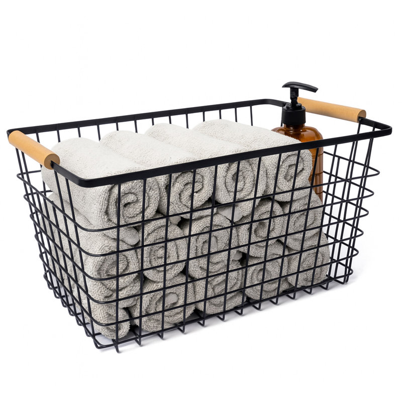 Ensemble de 3 paniers noirs rectangulaires avec poignées en bois, H 8 po x l 14,5 po x P 10 po