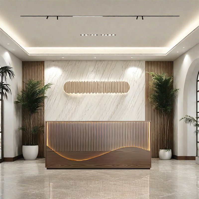 Vintage Rectangular Front Desk with LED Light Strip and Versatile Storage Solutions