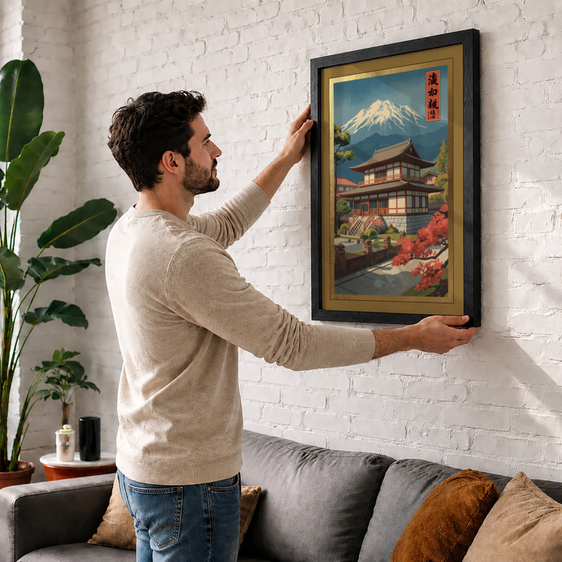 Temple Under Fuji Japandi - Framed Print, A3 - 42.0 x 29.7 cm, Unframed