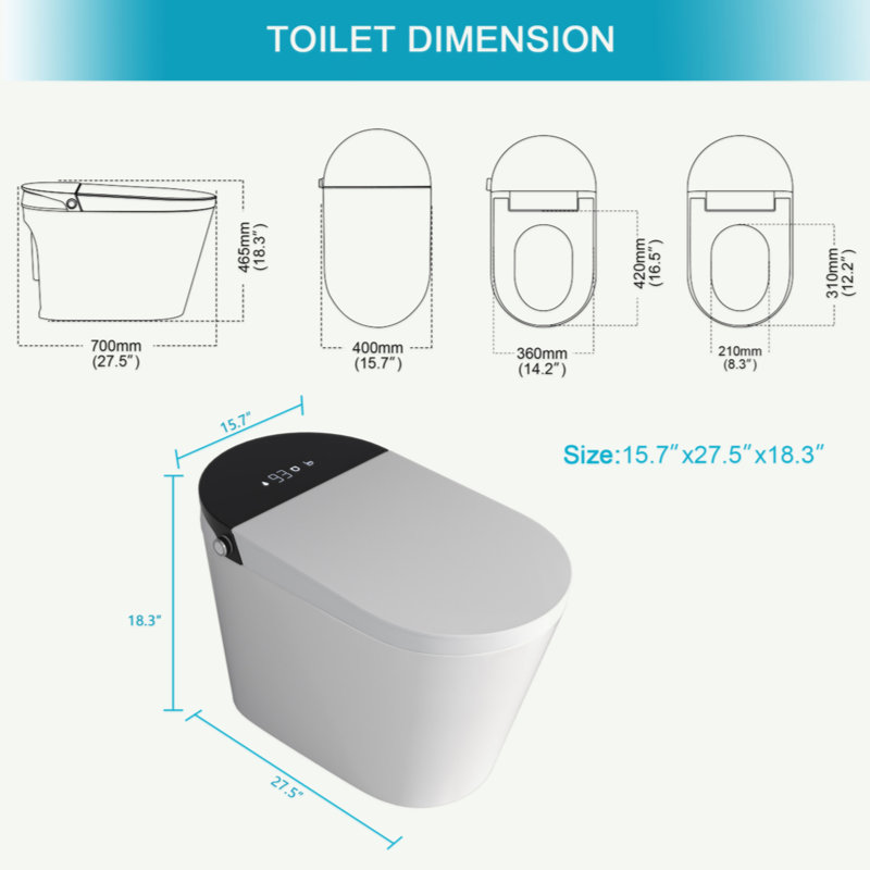 Toilette intelligente avec bidet intégré, ouverture et fermeture automatiques, siège chauffant allongé, capteur de pied encastré, affichage DEL, lavage à l'eau chaude, sécheuse, veilleuse