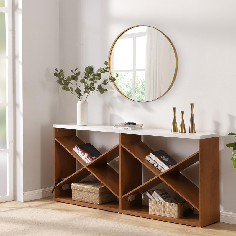 70.8''L Detachable X Shape Console Table Extra Long Table With Storage For Home, White, Brown