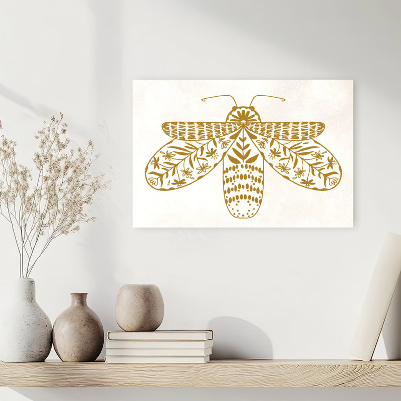 Golden Folk Moth Bee Moth Flower Nature Wall Art Print 1 Piece Wrapped Canvas Wall Art, 30.48cm H x 45.72cm W