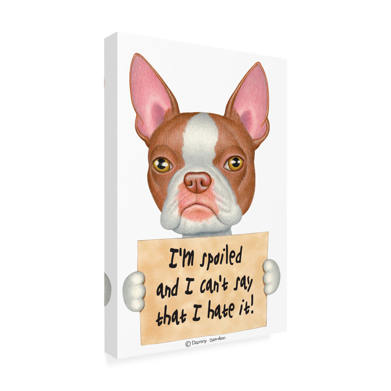 «Red Boston Terrier with Sign» par Danny Gordon, art textuel sur toile tendue, H 47 po x l 30 po x P 2 po