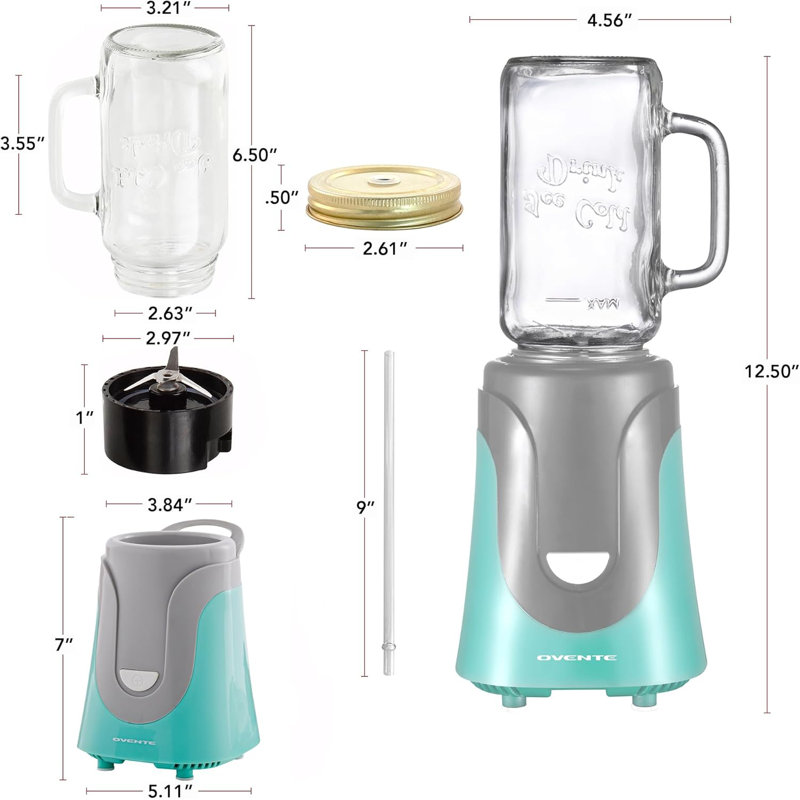 OVENTE Retro Personal Blender and Smoothie Maker with 18 Oz Mason Jar, 300W Base, Stainless Steel Blades, BPA-Free and Dishwasher Safe Container, Includes Reusable Straw and Lid, Turquoise BLH1002T