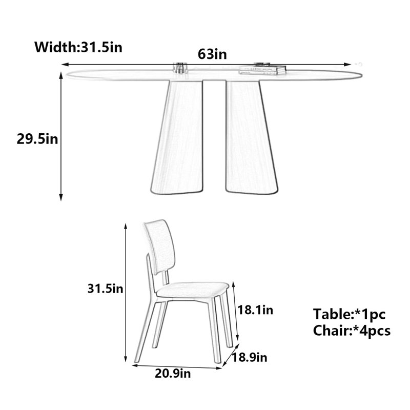 Modern Rectangular Dining Table with  Chairs, 29.5"H x 63"L x 31.5"W