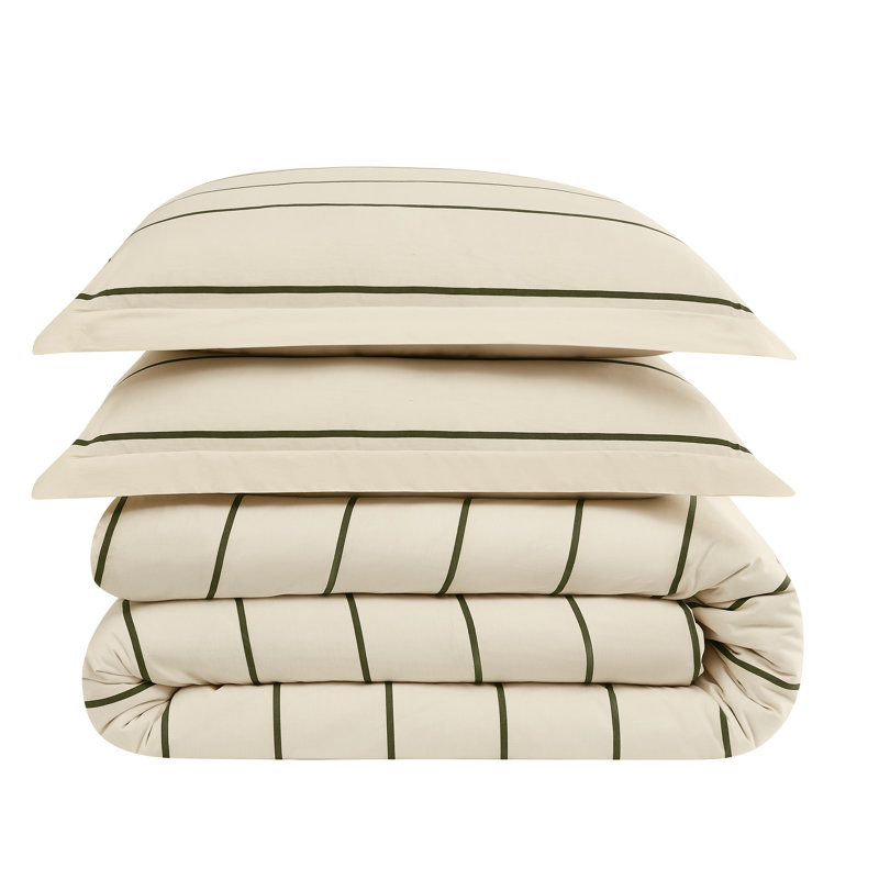 Brooklyn Loom Hayward Stripe Duvet Set, Ivory/Green, King Duvet Cover + 2 King Shams