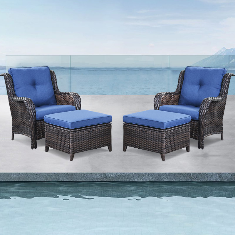 Bonia Outdoor Lounge Chair with Ottoman, Brown Frame/Blue Cushion