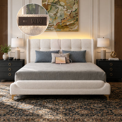 Wingback Platform Bed with Charging Station & LED Light, Lamb Wool Fabric Upholstered Bed Frame with Velvet Headboard