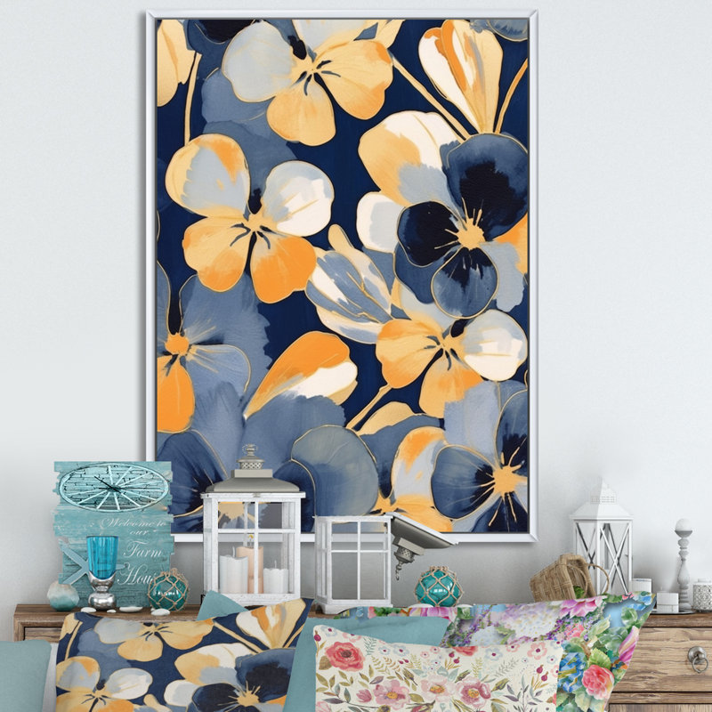 «Black and Yellow Minimalisme Pansies I», reproduction sur toile, H 32 po x l 16 po x P 1 po, Cadre flottant blanc