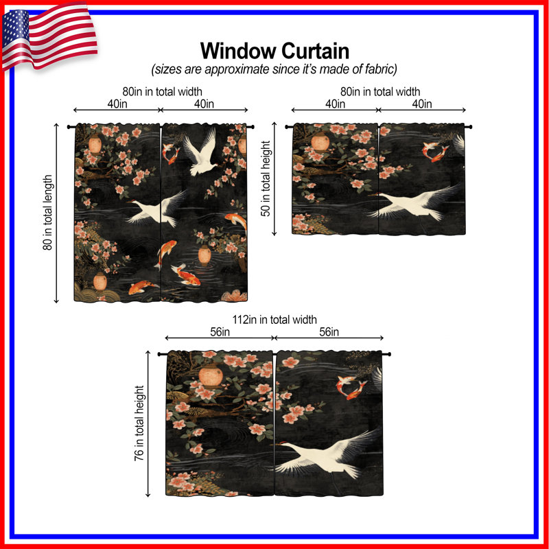 Rideaux Cranes And Koi Fish, 80 po x 61 po - 2 panneaux, Sheer