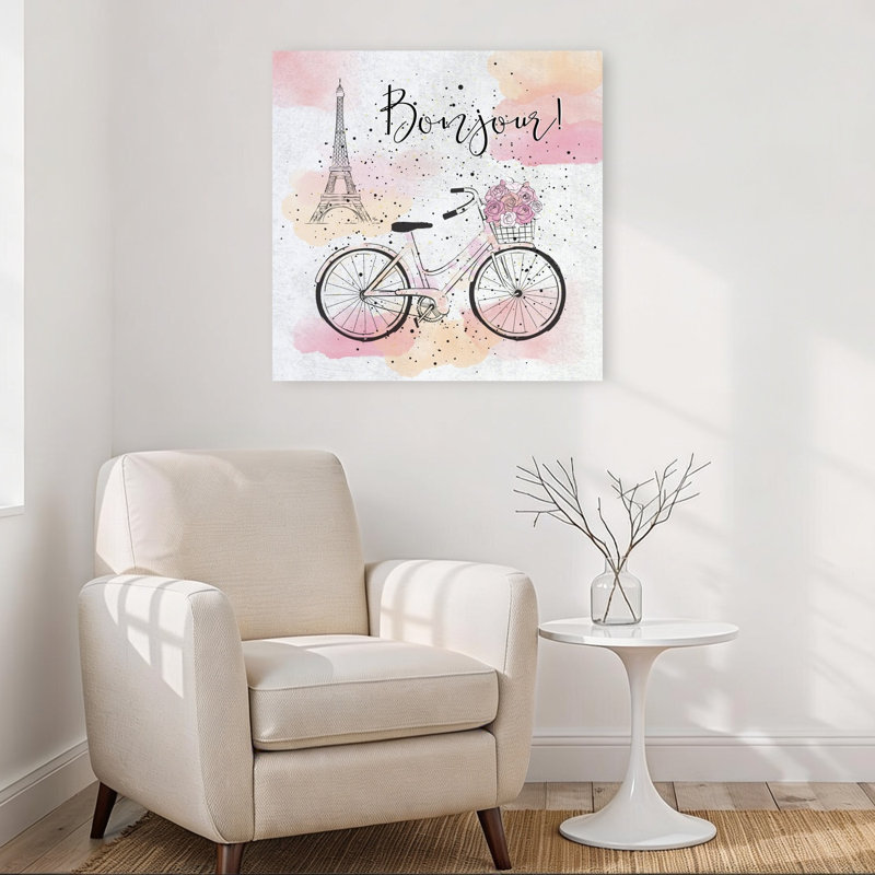 Bonjour, Paris, vélo, élégante fleur romantique moderne, impression murale, 32" H x 32" W
