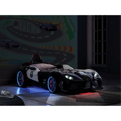 Modern Twin Size Car Bed, Black And White Construction, Magnetic Opening Doors, Led Lights On Wheels Bed Bottom, Race Design Upholstered Headboard, Remote Control For 4 Sound Choices, Headlights As