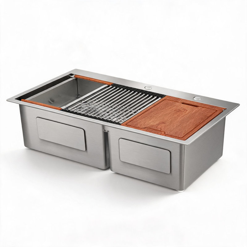 Évier de cuisine à double cuve encastré en acier inoxydable nickelé brossé de 91 cm (36 po) avec deux cuves de 25 cm (10 po) de profondeur et accessoires pour poste de travail