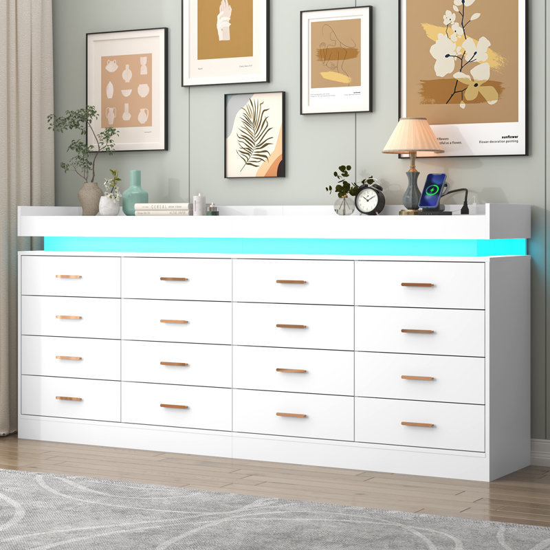 16 Drawer 78.7" W Dresser With Charging Station And LED Light, White
