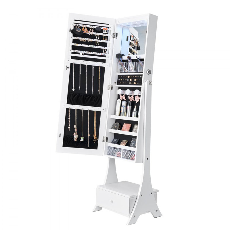 Miroir sur pied avec rangement pour armoire à bijoux pleine grandeur, Blanc