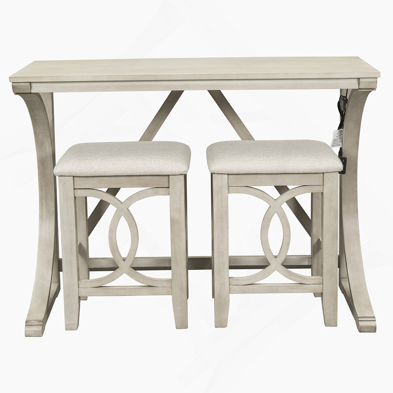 Ensemble de table de salle à manger 3 pièces à hauteur de comptoir avec port USB et tabourets rembourrés, Crème, Crème