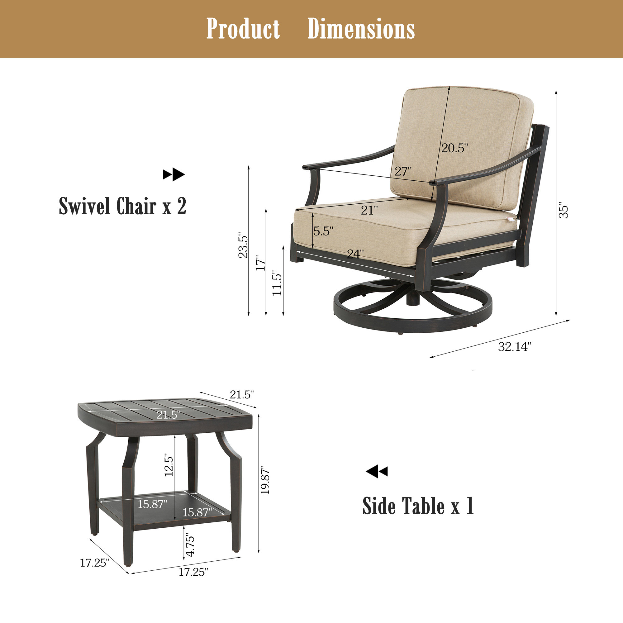 Tamarin 3 Pieces Outdoor/indoor Aluminum Patio Swivel Conversation Seating Group With Sunbrella® Cushions And Side Table