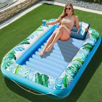 Inflatable Tanning Pool Lounger Float 70 X 47 - Rectangular Sun Tanning Pool Float With Pillow, Durable Polyethylene Material, No Electricity Needed, Includes Accessories For 1-3 People, Tanning Pool Float, Kiddie Pool Relaxation, Tropical Design,