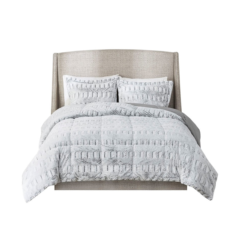 King/ King Grey Comforter - Long Fur Casual Soft Texture, King Comforter + 2 Shams, Gray