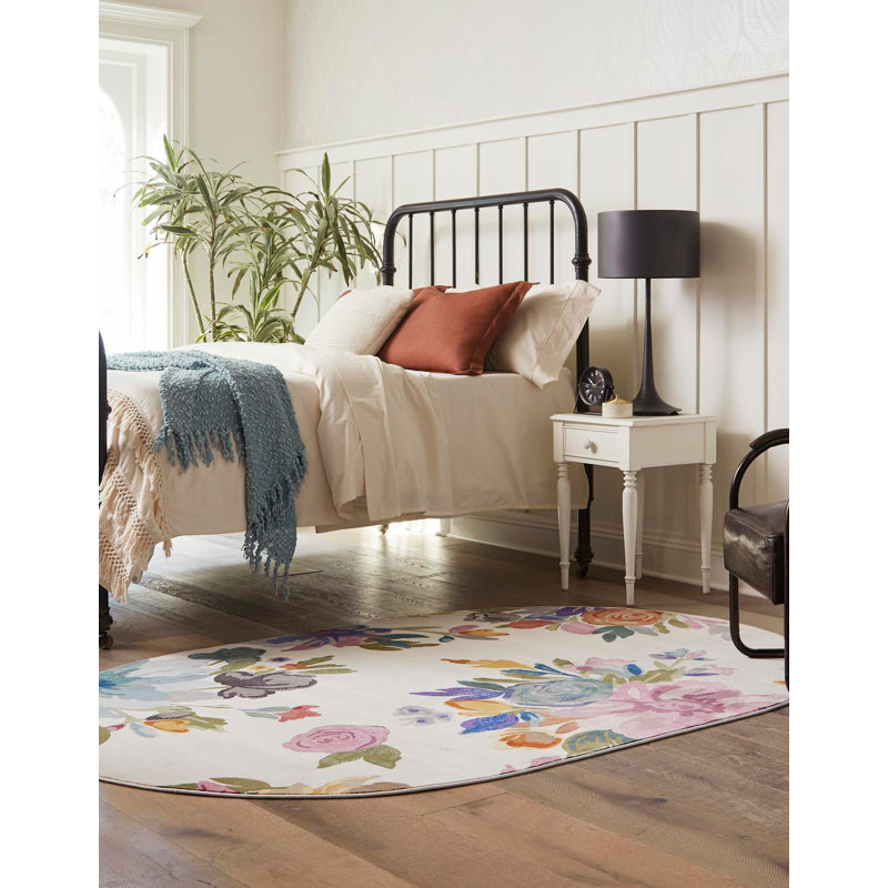Tapis à motif floral vert / mauve / bleu / ivoire / gris / orange Aludra, Ovale 4 pi x 6 pi