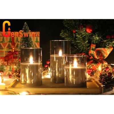 Bougies à DEL sans flamme à piles en verre gris avec télécommande à 10 touches et minuterie, bougies en cire véritable lumière blanche scintillante pour la décoration de la maison (ensemble de 3)