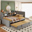 Lit de jour simple rembourré gris avec lit gigogne escamotable, rangement pour livres, chambres d'amis multifonctionnelles et chambres à coucher avec tablettes ouvertes, compartiment à couvercle rabattable 2 en 1-1747600701