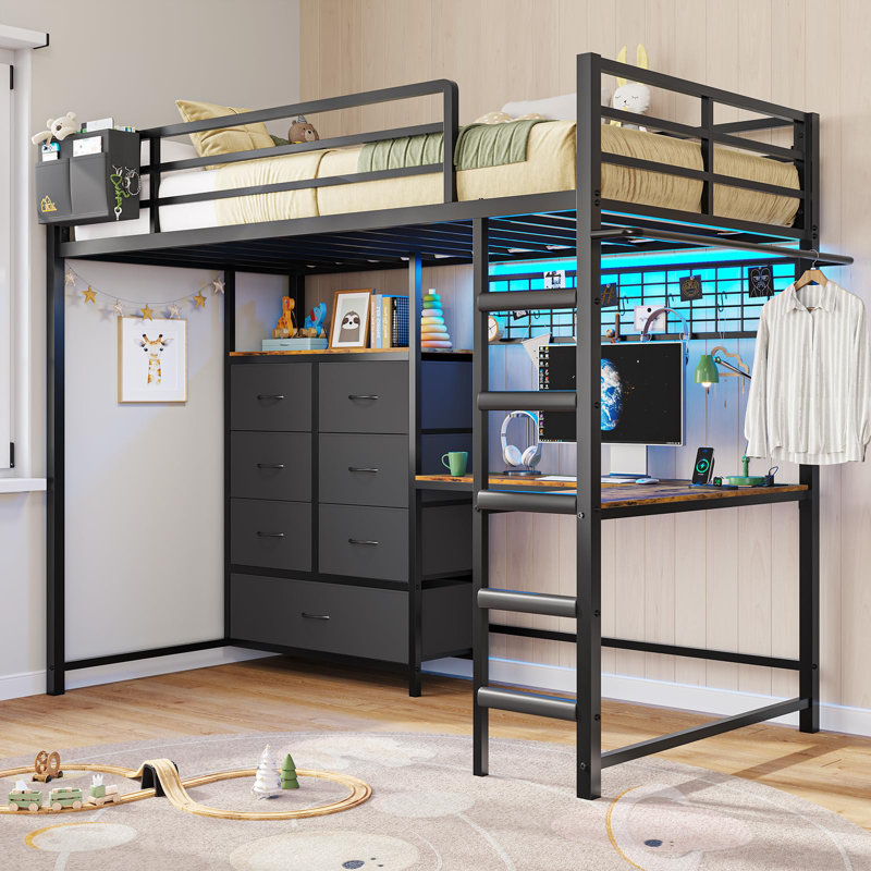 Twin Loft Bed With L-shaped Desk And 7 Storage Drawers,metal Twin Size Loft Bed For Led Lights And Charging Station, Safety Guardrail And Ladder,no Box Spring Needed, Black