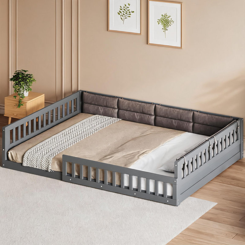 Lit plateforme en bois massif rembourré neutre avec garde-corps et coussin inclus, sans sommier tapissier