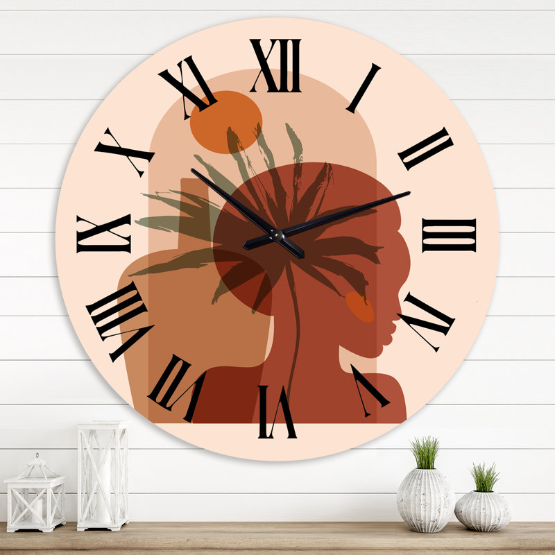 Abstrait feuille de palmier tropical et jolie fille - horloge murale moderne, Surdimensionné