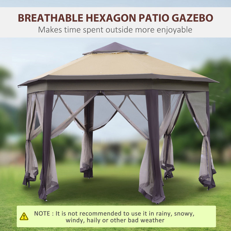 Pop Up Gazebo, Hexagonal Canopy Shelter With 6 Zippered Mesh Netting