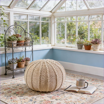 Pouf rond 100% coton tricoté, siège repose-pieds supplémentaire pour le salon, pouvant supporter jusqu'à 250 lb | Coton | Beige