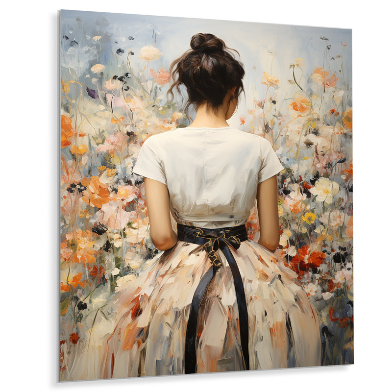 Impressionniste mode féminine dans un champ de fleurs I - art mural en métal Dior, H 20 po x l 12 po x P 1 po