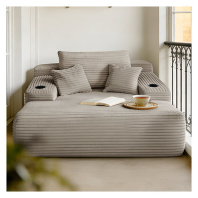Fauteuil convertible en méridienne avec accoudoirs larges, porte-gobelet et coussins décoratifs, canapé-lit sans structure pour salon ou chambre, beige, aucun assemblage requis